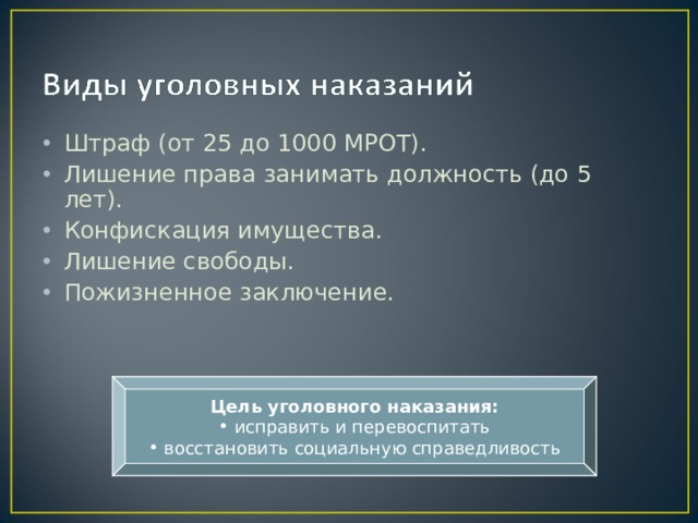 Штраф (от 25 до 1000 МРОТ). Лишение права занимать должность (до 5 лет). Конфискация имущества. Лишение свободы. Пожизненное заключение. Цель уголовного наказания:  исправить и перевоспитать  восстановить социальную справедливость 