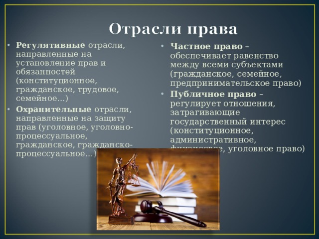 Регулятивные отрасли, направленные на установление прав и обязанностей (конституционное, гражданское, трудовое, семейное…) Охранительные отрасли, направленные на защиту прав (уголовное, уголовно-процессуальное, гражданское, гражданско-процессуальное…) Частное право – обеспечивает равенство между всеми субъектами (гражданское, семейное, предпринимательское право) Публичное право – регулирует отношения, затрагивающие государственный интерес (конституционное, административное, финансовое, уголовное право) 