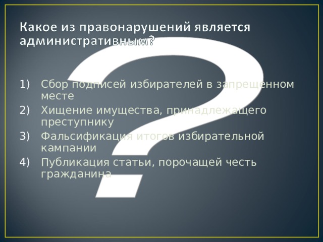 Сбор подписей избирателей в запрещенном месте Хищение имущества, принадлежащего преступнику Фальсификация итогов избирательной кампании Публикация статьи, порочащей честь гражданина 