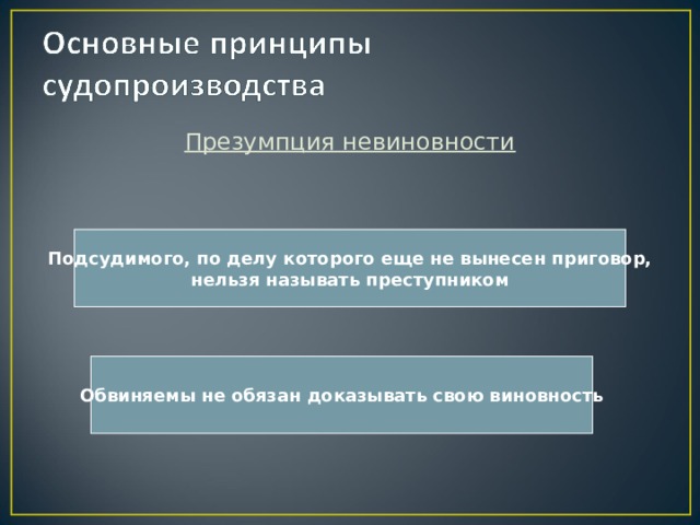 Презумпция невиновности Подсудимого, по делу которого еще не вынесен приговор, нельзя называть преступником Обвиняемы не обязан доказывать свою виновность 