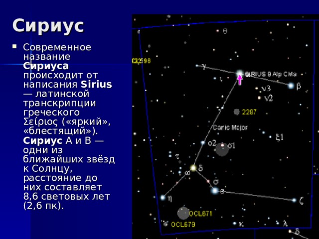 Сириус Современное название Сириуса происходит от написания Sirius — латинской транскрипции греческого Σείριος («яркий», «блестящий»).  Сириус A и B — одни из ближайших звёзд к Солнцу, расстояние до них составляет 8,6 световых лет (2,6 пк).   