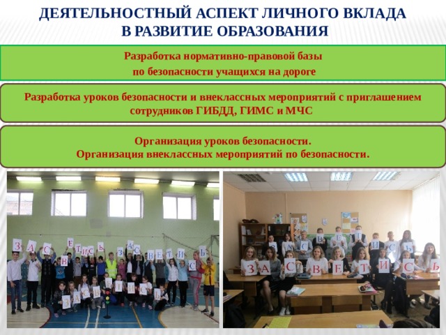 Деятельностный аспект личного вклада  в развитие образования Разработка нормативно-правовой базы  по безопасности учащихся на дороге Разработка уроков безопасности и внеклассных мероприятий с приглашением сотрудников ГИБДД, ГИМС и МЧС Организация уроков безопасности. Организация внеклассных мероприятий по безопасности. 