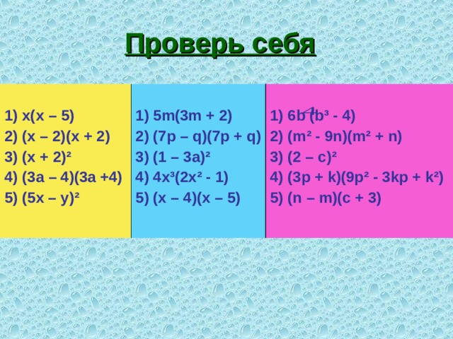 Проверь себя  1) х(х – 5) 2) (х – 2)(х + 2) 3) (х + 2) ² 4) (3а – 4)(3а +4) 5) (5х – у) ²   1) 5m(3m + 2) 2) (7p – q)(7p + q) 3) (1 – 3a) ² 4) 4x³(2x² - 1) 5) (x – 4)(x – 5)  1) 6b (b ³ - 4) 2) (m² - 9n)(m² + n) 3) (2 – c)² 4) (3p + k)(9p² - 3kp + k²) 5) (n – m)(c + 3) 