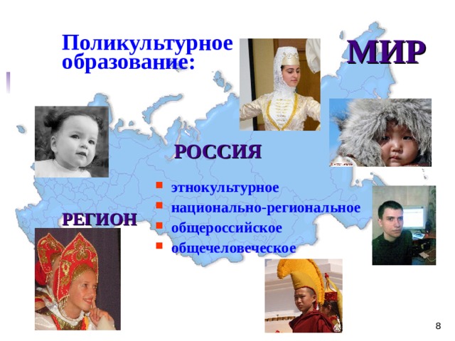   МИР     РОССИЯ    РЕГИОН    Поликультурное образование:                                                  этнокультурное национально-региональное общероссийское общечеловеческое                        
