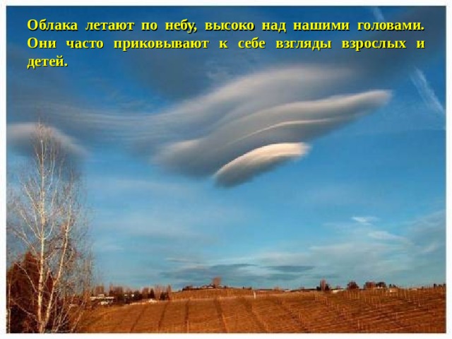 Облака летают по небу, высоко над нашими головами. Они часто приковывают к себе взгляды взрослых и детей. 