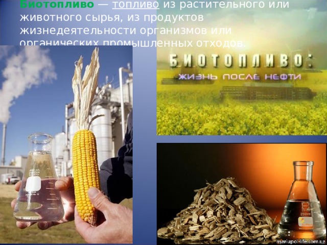 Биотопливо  — топливо из растительного или животного сырья, из продуктов жизнедеятельности организмов или органических промышленных отходов.   