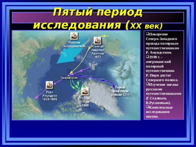 Пятый период исследования ( XX век) Покорение Северо-Западного прохода полярным путешественником  Р. Амундсеном. 1909 г. - американский полярный путешественник Р. Пири достиг Северного полюса. Изучение океана русскими путешественниками (Г.Седовым, В.Русановым). Комплексные исследования океана. 