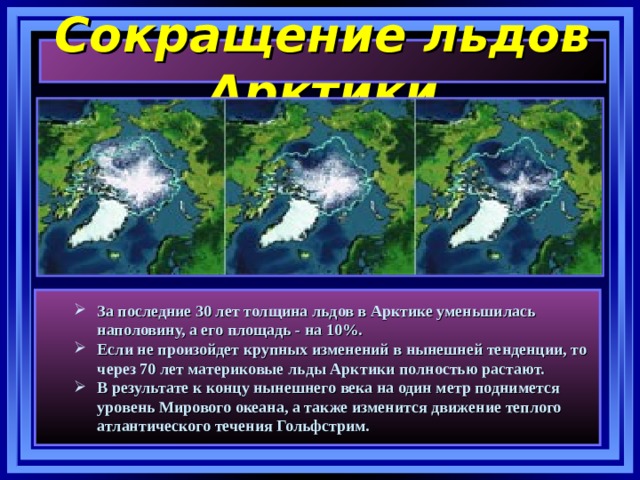 Сокращение льдов Арктики За последние 30 лет толщина льдов в Арктике уменьшилась наполовину, а его площадь - на 10%. Если не произойдет крупных изменений в нынешней тенденции, то через 70 лет материковые  льды Арктики полностью растают. В результате к концу нынешнего века на один метр поднимется уровень Мирового океана, а также изменится движение теплого атлантического течения Гольфстрим. За последние 30 лет толщина льдов в Арктике уменьшилась наполовину, а его площадь - на 10%. Если не произойдет крупных изменений в нынешней тенденции, то через 70 лет материковые  льды Арктики полностью растают. В результате к концу нынешнего века на один метр поднимется уровень Мирового океана, а также изменится движение теплого атлантического течения Гольфстрим. 