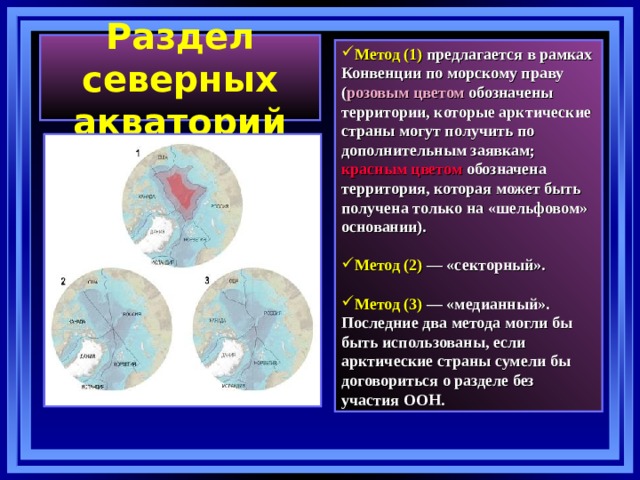 Раздел северных акваторий Метод (1) предлагается в рамках Конвенции по морскому праву ( розовым цветом обозначены территории, которые арктические страны могут получить по дополнительным заявкам; красным цветом обозначена территория, которая может быть получена только на «шельфовом» основании).   Метод (2) — «секторный».  Метод (3) — «медианный».  Последние два метода могли бы быть использованы, если арктические страны сумели бы договориться о разделе без участия ООН. 