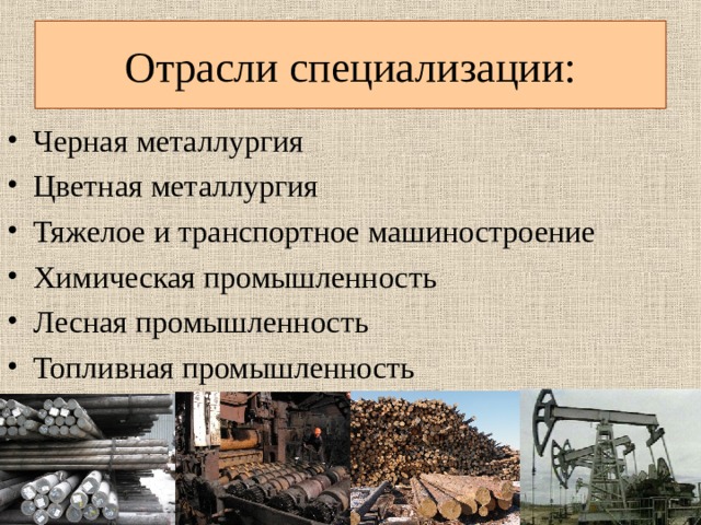Отрасли специализации: Черная металлургия Цветная металлургия Тяжелое и транспортное машиностроение Химическая промышленность Лесная промышленность Топливная промышленность  