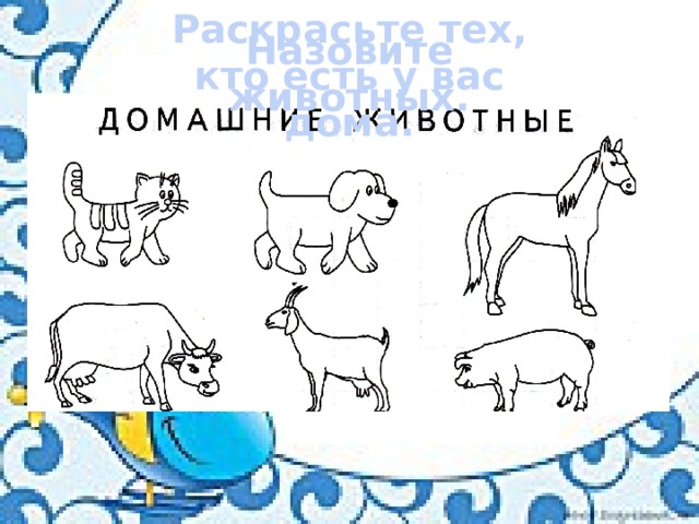 Раскрасьте тех, кто есть у вас дома. Назовите животных. 
