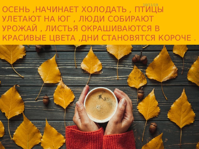 Осень ,начинает холодать , птицы улетают на юг , люди собирают урожай , листья окрашиваются в красивые цвета ,дни становятся короче . 10/11/19 