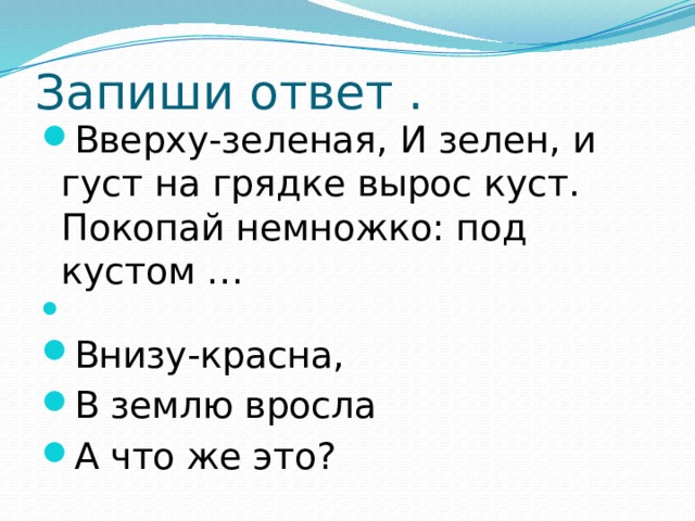 Запиши ответ . Вверху-зеленая, И зелен, и густ на грядке вырос куст.  Покопай немножко: под кустом … Внизу-красна, В землю вросла А что же это? 