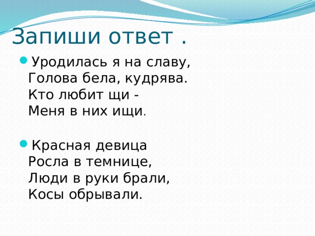 Запиши ответ . Уродилась я на славу,  Голова бела, кудрява.  Кто любит щи -  Меня в них ищи . Красная девица  Росла в темнице,  Люди в руки брали,  Косы обрывали.   