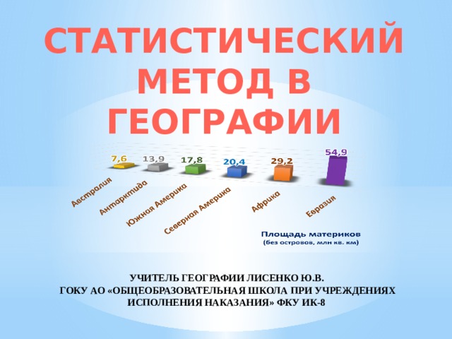 СТАТИСТИЧЕСКИЙ МЕТОД В ГЕОГРАФИИ УЧИТЕЛЬ ГЕОГРАФИИ ЛИСЕНКО Ю.В.  ГОКУ АО «ОБЩЕОБРАЗОВАТЕЛЬНАЯ ШКОЛА ПРИ УЧРЕЖДЕНИЯХ ИСПОЛНЕНИЯ НАКАЗАНИЯ» ФКУ ИК-8   