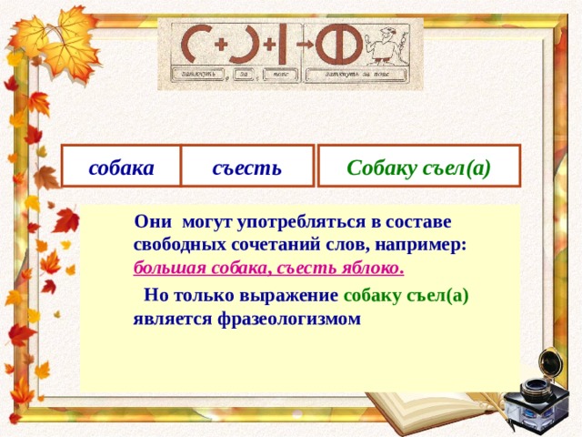 собака съесть Собаку съел(а)  Они могут употребляться в составе свободных сочетаний слов, например:  большая собака , съесть яблоко .  Но только выражение собаку съел(а)  является фразеологизмом 