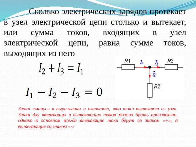  Сколько электрических зарядов протекает в узел электрической цепи столько и вытекает, или сумма токов, входящих в узел электрической цепи, равна сумме токов, выходящих из него Знаки «минус» в выражении  и означают, что токи вытекают из узла. Знаки для втекающих и вытекающих токов можно брать произвольно, однако в основном всегда втекающие токи берут со знаком «+», а вытекающие со знаком «-»  