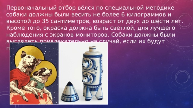 Первоначальный отбор вёлся по специальной методике собаки должны были весить не более 6 килограммов и высотой до 35 сантиметров, возраст от двух до шести лет. Кроме того, окраска должна быть светлой, для лучшего наблюдения с экранов мониторов. Собаки должны были выглядеть привлекательно на случай, если их будут представлять СМИ. 