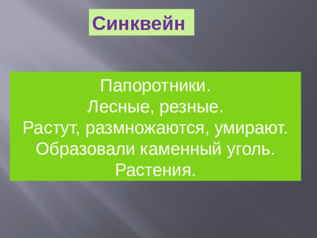 Синквейн Папоротники. Лесные, резные. Растут, размножаются, умирают. Образовали каменный уголь. Растения.