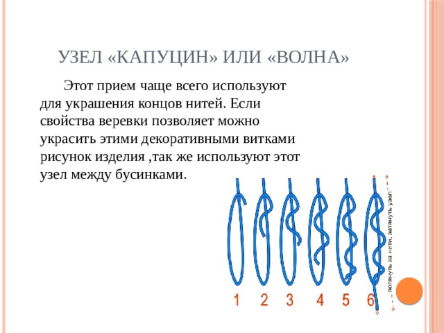 Узел «Капуцин» или «Волна»  Этот прием чаще всего используют для украшения концов нитей. Если свойства веревки позволяет можно украсить этими декоративными витками рисунок изделия ,так же используют этот узел между бусинками.   