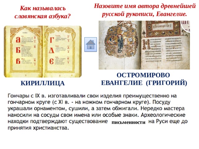 Назовите имя автора древнейшей русской рукописи, Евангелие. Как называлась славянская азбука? ОСТРОМИРОВО ЕВАНГЕЛИЕ (ГРИГОРИЙ) КИРИЛЛИЦА письменности 