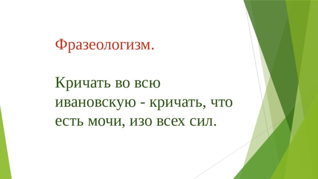 Фразеологизм. Кричать во всю ивановскую - кричать, что есть мочи, изо всех сил. 