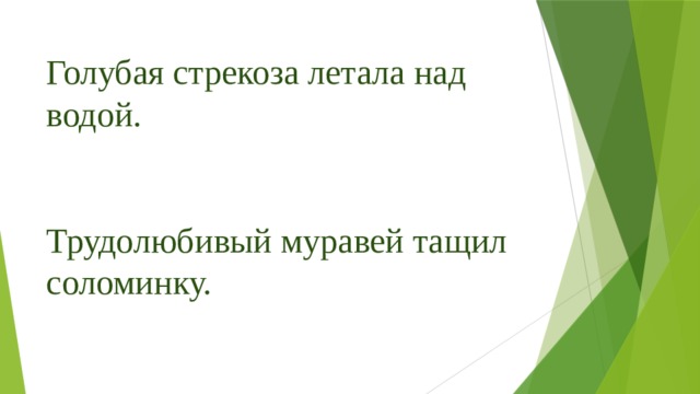 Голубая стрекоза летала над водой.   Трудолюбивый муравей тащил соломинку. 