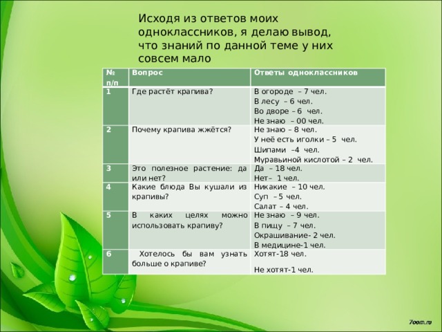 Исходя из ответов моих одноклассников, я делаю вывод, что знаний по данной теме у них совсем мало № п/п Вопрос 1 Ответы одноклассников Где растёт крапива? 2 В огороде  – 7 чел. Почему крапива жжётся? 3 Это полезное растение: да или нет? В лесу  – 6 чел. Не знаю – 8 чел. 4 5 Какие блюда Вы кушали из крапивы? Да  – 18 чел. У неё есть иголки – 5  чел. Во дворе – 6  чел. Нет– 1 чел. Шипами  –4  чел. Не знаю  – 00 чел. Никакие  – 10 чел. 6 В каких целях можно использовать крапиву?  Хотелось бы вам узнать больше о крапиве? Муравьиной кислотой – 2  чел. Суп  – 5 чел. Не знаю  – 9 чел. В пищу  – 7 чел. Салат – 4 чел. Хотят-18 чел. Окрашивание- 2 чел. Не хотят-1 чел. В медицине-1 чел. 