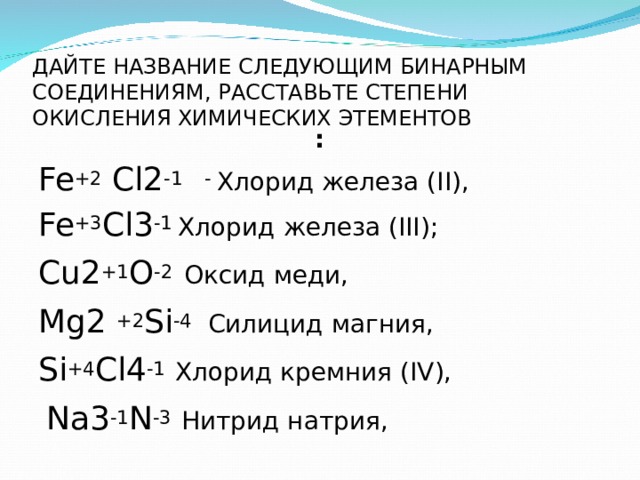 ДАЙТЕ НАЗВАНИЕ СЛЕДУЮЩИМ БИНАРНЫМ СОЕДИНЕНИЯМ, РАССТАВЬТЕ СТЕПЕНИ ОКИСЛЕНИЯ ХИМИЧЕСКИХ ЭТЕМЕНТОВ : Fe +2  Cl 2 -1  - Хлорид железа ( II ), Fe +3 Cl3 -1 Хлорид железа ( III) ; Cu2 +1 O -2 Оксид меди,  Mg2  +2 Si -4  Силицид магния,  Si +4 Cl4 -1  Хлорид кремния ( IV ),  Na3 -1 N -3  Нитрид натрия,  