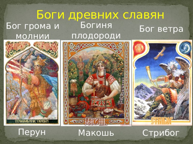Боги древних славян Богиня плодородия Бог грома и молнии Бог ветра Перун Макошь Стрибог 