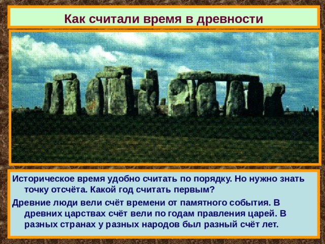 Как считали время в древности Историческое время удобно считать по порядку. Но нужно знать точку отсчёта. Какой год считать первым? Древние люди вели счёт времени от памятного события. В древних царствах счёт вели по годам правления царей. В разных странах у разных народов был разный счёт лет. 