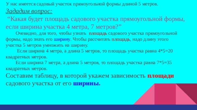 У нас имеется садовый участок прямоугольной формы длиной 5 метров. Зададим вопрос:  “ Какая будет площадь садового участка прямоугольной формы, если ширина участка 4 метра, 7 метров?” Очевидно, для того, чтобы узнать площадь садового участка прямоугольной формы, надо знать его ширину . Чтобы рассчитать площадь , надо длину этого участка 5 метров умножить на ширину.  Если ширина 4 метра, а длина 5 метров, то площадь участка равна 4*5=20 квадратных метров. Если ширина 7 метра, а длина 5 метров, то площадь участка равна 7*5=35 квадратных метров. Составим таблицу, в которой укажем зависимость площади  садового участка от его  ширины . 