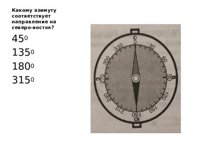 Какому азимуту соответствует направление на северо-восток? 45 0 135 0 180 0 315 0 