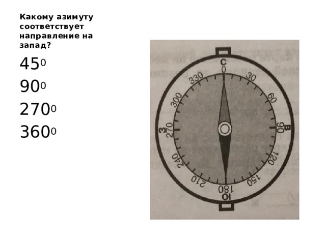 Какому азимуту соответствует направление на запад? 45 0 90 0 270 0 360 0 