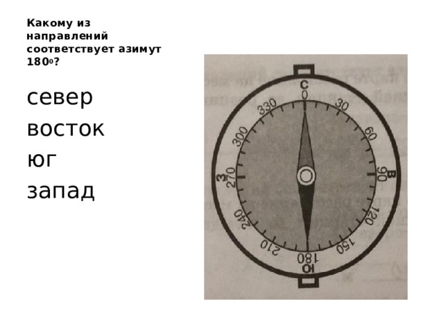 Какому из направлений соответствует азимут 180 0 ?  север восток юг запад 