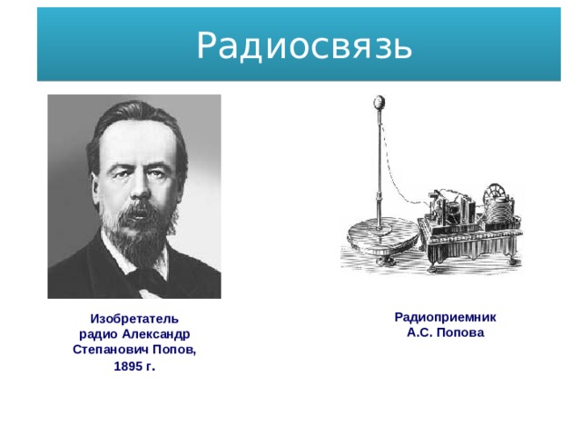  Радиосвязь Радиоприемник  А.С. Попова Изобретатель радио Александр Степанович Попов,  1895 г .   