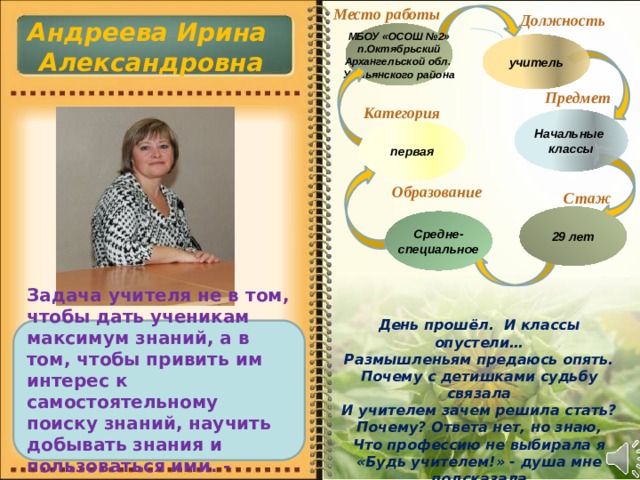 Место работы  Должность  Андреева Ирина Александровна  МБОУ «ОСОШ №2» п.Октябрьский Архангельской обл. Устьянского района учитель Предмет  Категория Начальные классы первая Образование  Стаж 29 лет Средне- специальное День прошёл. И классы опустели… Размышленьям предаюсь опять. Почему с детишками судьбу связала И учителем зачем решила стать? Почему? Ответа нет, но знаю, Что профессию не выбирала я «Будь учителем!» - душа мне подсказала Видно быть с детьми – судьба моя! Задача учителя не в том, чтобы дать ученикам максимум знаний, а в том, чтобы привить им интерес к самостоятельному поиску знаний, научить добывать знания и пользоваться ими. - Константин Кушнер … 