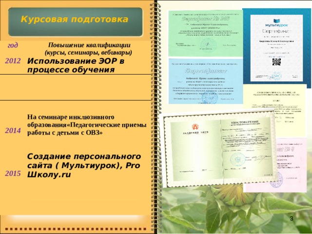Курсовая подготовка год  Повышение квалификации 2012 (курсы, семинары, вебинары) Использование ЭОР в процессе обучения       На семинаре инклюзивного образования«Педагогические приемы работы с детьми с ОВЗ»  2014  Создание персонального сайта ( Мультиурок), Pro 2015 Школу.ru  