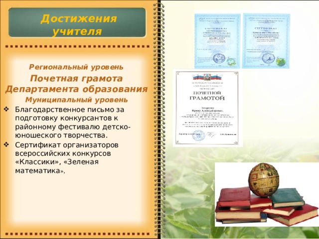 Достижения учителя Региональный уровень Почетная грамота Департамента образования Муниципальный уровень Благодарственное письмо за подготовку конкурсантов к районному фестивалю детско-юношеского творчества. Сертификат организаторов всероссийских конкурсов «Классики», «Зеленая математика », .  