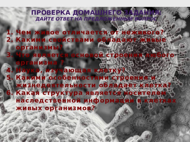 Проверка домашнего задания: дайте ответ на предложенный вопрос Чем живое отличается от неживого? Какими свойствами обладают живые организмы? Что является основой строения любого организма ? Наука, изучающая клетку? Какими особенностями строения и жизнедеятельности обладает клетка? Какая структура является носителем наследственной информации в клетках живых организмов? 