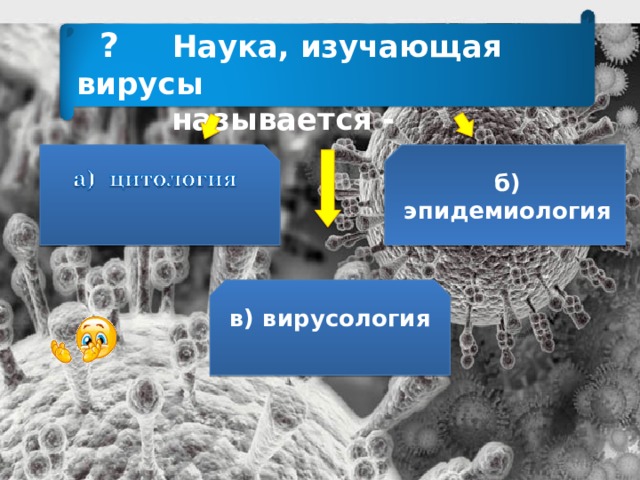  ? Наука, изучающая вирусы  называется - б) эпидемиология в) вирусология 
