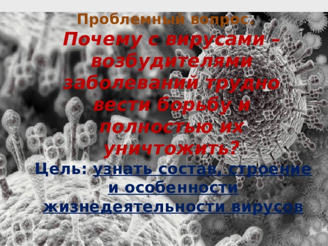 Проблемный вопрос.  Почему с вирусами – возбудителями заболеваний трудно вести борьбу и полностью их уничтожить?  Цель: узнать состав, строение и особенности жизнедеятельности вирусов   