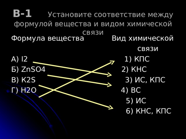 В-1 Установите соответствие между формулой вещества и видом химической связи Формула вещества Вид химической  связи А) I2  1) КПС Б) ZnSO4  2) КНС В) К 2S  3) ИС, КПС Г) Н2О 4) ВС  5) ИС  6) КНС, КПС 