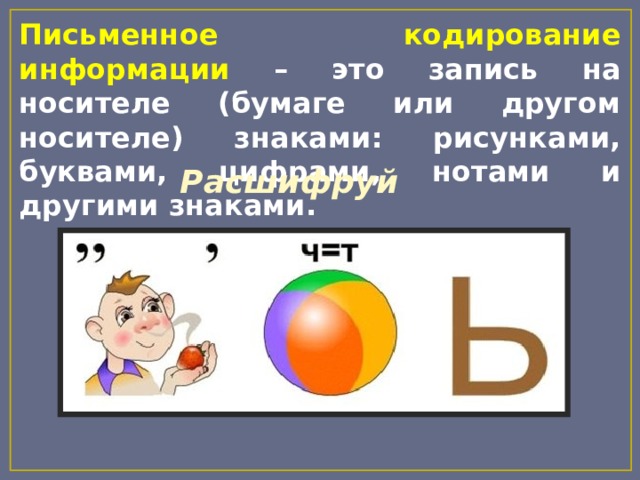 Письменное кодирование информации – это запись на носителе (бумаге или другом носителе) знаками: рисунками, буквами, цифрами, нотами и другими знаками. Расшифруй 