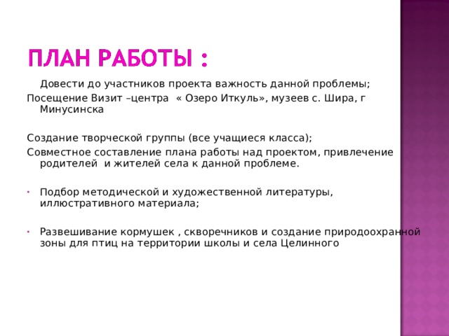  Довести до участников проекта важность данной проблемы; Посещение Визит –центра « Озеро Иткуль», музеев с. Шира, г Минусинска Создание творческой группы (все учащиеся класса); Совместное составление плана работы над проектом, привлечение родителей и жителей села к данной проблеме. Подбор методической и художественной литературы, иллюстративного материала;  Развешивание кормушек , скворечников и создание природоохранной зоны для птиц на территории школы и села Целинного    