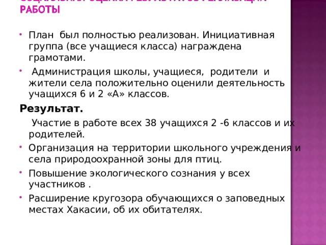 План был полностью реализован. Инициативная группа (все учащиеся класса) награждена грамотами.   Администрация школы, учащиеся, родители и жители села положительно оценили деятельность учащихся 6 и 2 «А» классов. Результат.  Участие в работе всех 38 учащихся 2 -6 классов и их родителей. Организация на территории школьного учреждения и села природоохранной зоны для птиц. Повышение экологического сознания у всех участников . Расширение кругозора обучающихся о заповедных местах Хакасии, об их обитателях.    