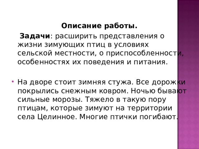 Описание работы.  Задачи : расширить представления о жизни зимующих птиц в условиях сельской местности, о приспособленности, особенностях их поведения и питания. На дворе стоит зимняя стужа. Все дорожки покрылись снежным ковром. Ночью бывают сильные морозы. Тяжело в такую пору птицам, которые зимуют на территории села Целинное. Многие птички погибают. 