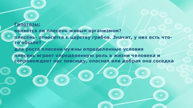 Гипотезы: является ли плесень живым организмом? плесень- относится к царству грибов. Значит, у них есть что- то общее? для роста плесени нужны определенные условия плесень играет определенную роль в жизни человека и сопровождает нас повсюду, опасная или добрая она соседка   
