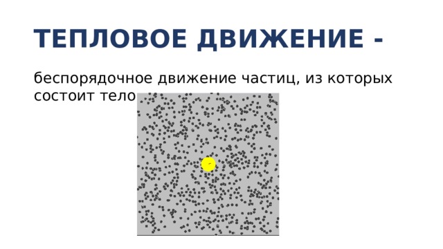 ТЕПЛОВОЕ ДВИЖЕНИЕ - беспорядочное движение частиц, из которых состоит тело. 