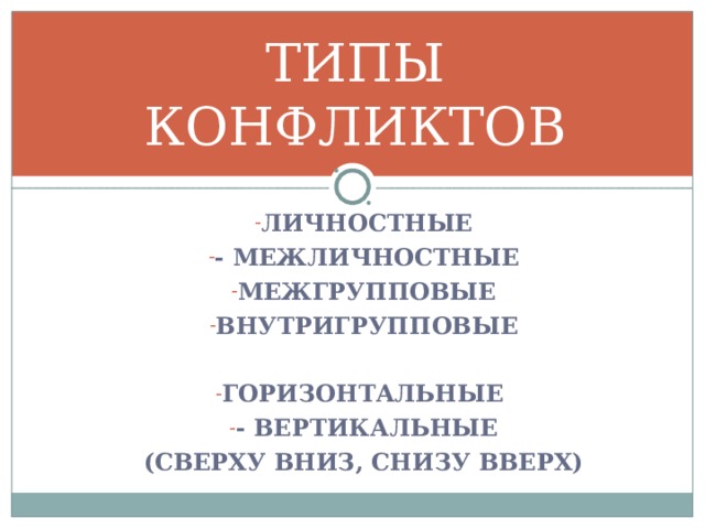 ТИПЫ КОНФЛИКТОВ ЛИЧНОСТНЫЕ - МЕЖЛИЧНОСТНЫЕ МЕЖГРУППОВЫЕ ВНУТРИГРУППОВЫЕ  ГОРИЗОНТАЛЬНЫЕ - ВЕРТИКАЛЬНЫЕ (СВЕРХУ ВНИЗ, СНИЗУ ВВЕРХ) 
